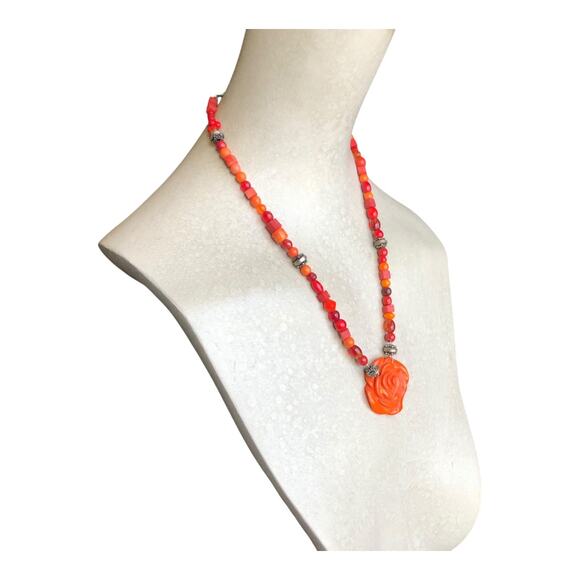 Boho Statement Necklace Orange Red Beaded Resin Rose Pendant Hook Clasp - Picture 4 of 6